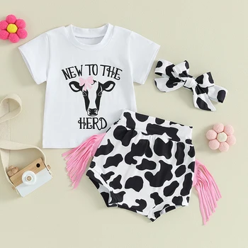 Rietumu Baby Girl Apģērbu Ar Īsām Piedurknēm Rietumu Govs T-Krekls Top Pušķis Bloomers Šorti Galvas Vasaras Drēbes