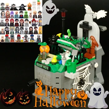 KM LED Gaismas Halloween Kustamo Kapos, Celtniecības Bloki, Zombiju, Vampīru Skelets Ķirbju Vīrietis Skaitļi Ķieģeļu Mini Modelis Bērniem Dāvanas
