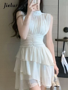 Jielur Y2k Mini Kleita Sievietēm Tīru Krāsu Gadījuma Bez Piedurknēm, Īsu Pusei Korejiešu Stila Modes Apģērbu Vasaras Pludmales SunDress Šifona