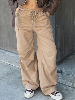 Y2K Modes Sieviešu Baggy Bikses tīrtoņa Krāsu Aukliņu Jostasvietā Kravas Bikses Vairākas Kabatas Jogger Bikses Streetwear Gadījuma Tērpiem