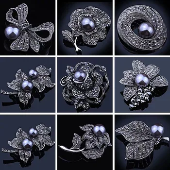 Moderns Augstas Kvalitātes Melnās Pērles Piespraudes Sieviešu Vintage Šarmu Inkrustēts Rhinestone Ziedu Broša Adatas, Rotaslietas Puse Kāzu Dāvanas