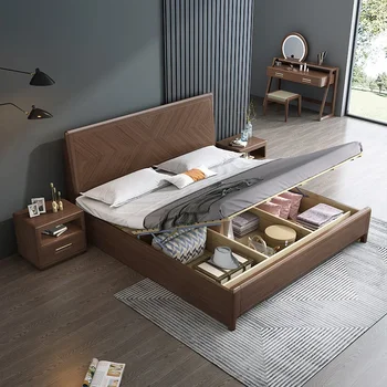 DW6135 mūsdienu minimālisma 1.8 m dubultā guļamistaba 1,5 m gaismas luksusa īsta koka gulta ar augstu box glabāšanas mazo ģimenes gulta DW6135