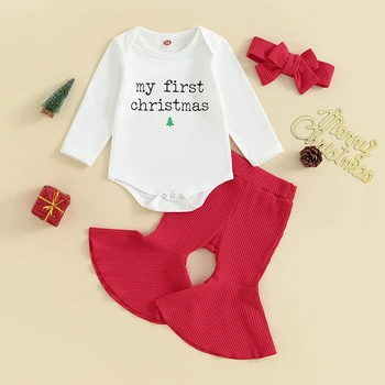 Jaundzimušais Meitenes Ziemassvētku Apģērbu Set 3Pcs garām Piedurknēm Savirmot Santa Baby Drukāt Romper Bodysuit Samta Izlīdzināšanu Garas Bikses ar