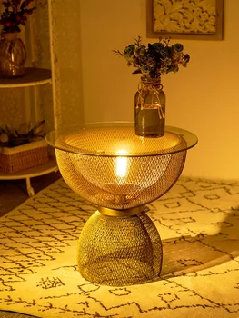 Nordic small vienības radošo gaismas luksusa dzelzs apļveida tējas galda rūdīta stikla dizains