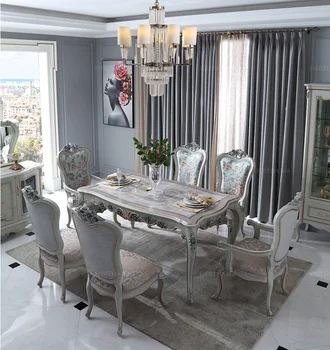 Francijas Eiropas villa masīvkoka pusdienu galda dzīvojamā istabā roku cirsts ilgu pusdienu galda un krēsla kombinācijā