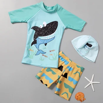 EezKoala Peldkostīmu Bērniem 3pc Zēns Apģērbu Komplekts Baby Toddler Peldēties Uzvalku + Klp Haizivs Drukāt Swimswear Boy Cartoon Bērniem, Pludmale