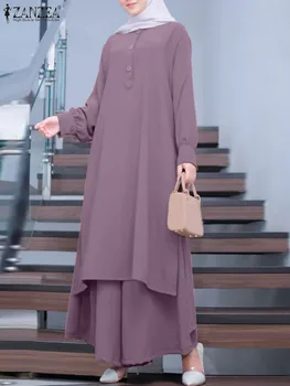 ZANZEA Modes Sievietēm Musulmaņu Komplekti ar garām Piedurknēm Sānu Spraugas Blūze Plaša Kāju Elsas Vintage Zaudēt Pilsētu Treniņtērpi Islāma Apģērba 2023