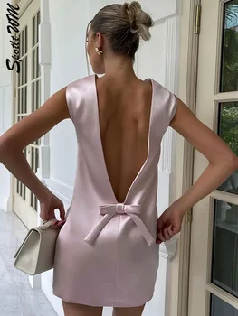 Elegants Rozā Backless Loku Mini Kleita Sievietēm Seksīgu Apaļu Kakla Bez Piedurknēm, Ar Augstu Vidukli Slim Kleitas Modes Nakts Puse Vestidos