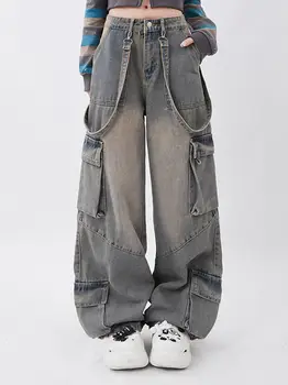 QWEEK Vintage Kabatas Džinsa Kravas Bikses Sievietēm Y2k Grunge Mazgā Baggy Džinsi ar Zemu Vidukļa Sweatwear Gadījuma Hip Hop Plaša Kāju Bikses