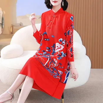 Vintage Kleita Sarkanā Sievietēm, 45-75kg Rudens Ķīniešu Stilā Stand Apkakli Zaudēt Stiept Miyake Plāksnītēm Iespiests Uzlabota Cheongsam