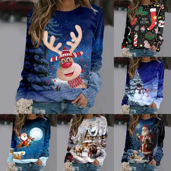 Sieviešu Džemperis ar garām Piedurknēm Krekls ar Apaļu Kakla Ziemassvētku Iespiesti sporta Krekls Ikdienas Krekls Pusi Rāvējslēdzēju Džemperis Sievietēm