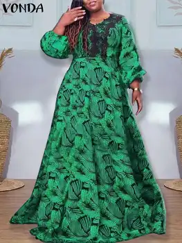 VONDA Modes Printed Kleita Vintage Kleita 2024. Gadam Bohēmijas Sievietes Ilgi Puff Piedurknēm Raibs Gadījuma Sundress Rudens V-veida kakla Vestidos