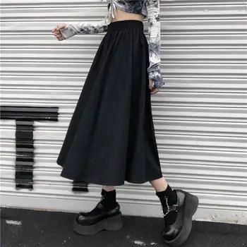 Harajuku Midi Svārki Sievietēm Streetwear korejas Modes Karstā Pārdošanas Cietā Jaunu Gadījuma-line Pamata Elastīga, Augsta Vidukļa Visu maču Vintage