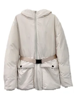 Kokvilnas jaka ar jostu īss kapuci versija vidukļa dizaina siltu un ērtu 2023 ziemas jauno 1024