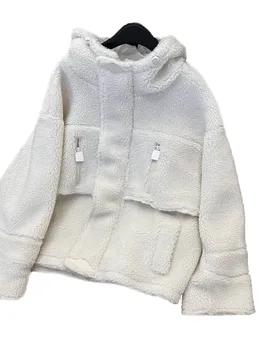 Jēra vilnas jakas kapuci īss loose fit rāvējslēdzēju multi-kabatas dizaina silts un mājīgs 2023 ziemas jauno 1204