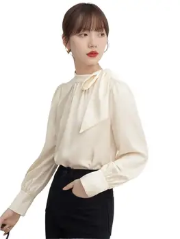 Korejas Iela Sievietēm Eleganto Luksusa Garām Piedurknēm Acetāts Satīna Tops Rudens Kreiso Kakla Mežģīnes Up Šifona Blūzes Sieviešu Uzņēmējdarbības Krekls