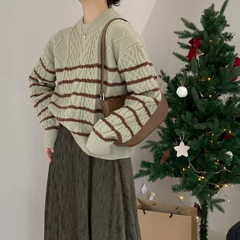 Brīvs Ziemassvētku Kolekcijas Džemperi Adīt Džemperis 2023 Jaunu garām Piedurknēm Svītrainām O-veida Kakla Kontrasta Krāsu Gadījuma Modes Sieviešu Tops
