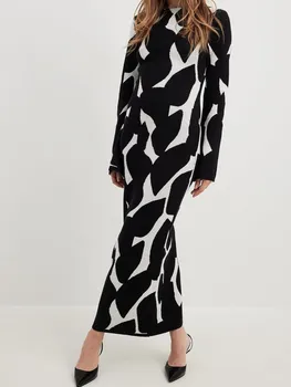 Elegants Kontrasts Trikotāžas Midi Kleitas Sievietēm Rudenī Jaunu Ielu Ikdienas O-veida kakla garām Piedurknēm Kleita Vintage Modes Sieviešu Kleitas