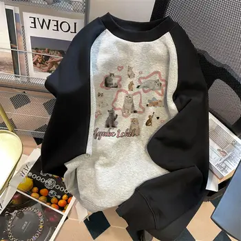 Modes Kokvilnas Retro Dzīvnieku Print pelēkā vārna Amerikāņu Ziemas rudens Y2K Zaudēt Sieviešu kawaii drēbes Vienkāršība Lielgabarīta pelēkā vārna