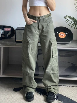 Streetwear Armijas Zaļā Kravas Bikses Sieviešu Ikdienas Zaudēt Vintage Kabatas Bikses (Dungriņi) Lielizmēra Augstas Wais Taisnas Bikses Joggers