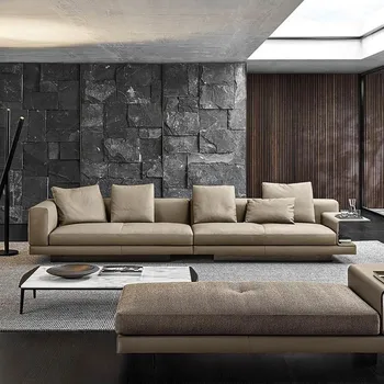 Itāļu ādas dīvāns taisni rindu nelielās daudzdzīvokļu dzīvojamā istaba mūsdienu vienkārši stūra ādas dīvāns kombinācija